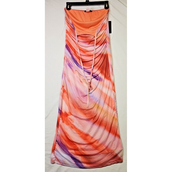 Caution To The Wind Women's Small Tie Dye Midi Halter Ruched Bodycon Mesh Small - Picture 3 of 5